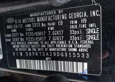 2013 Kia Sorento Lx V6 из США, поврежденный, VIN 5XYKTDA29DG315533